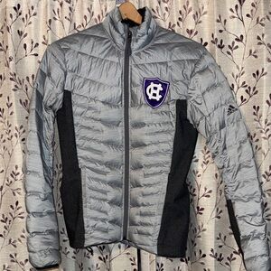 Holy Cross Crusader Light Gray Puffer Jacket with and Purple Crest